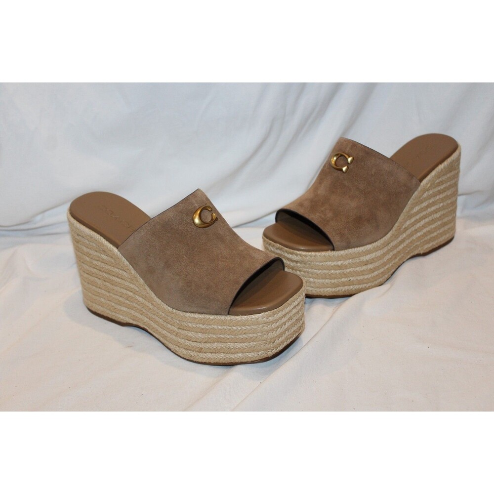 COACH Women Suede Espadrille Platform Wedge Slide Sandals Coconut Brown NEW SZ 8 - Picture 2 of 8